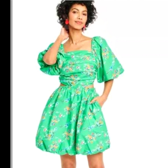 Vibrant Green Floral Mini Dress With Bubble Skirt And Sleeves And Side Cutouts - Picture 1 of 13